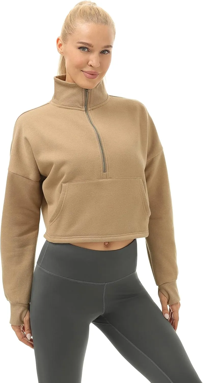 icyzone Fleece Lined Half Zip Pullover for Women with Pockets, Oversized Athletic Cropped Sweatshirt Warm Jacket