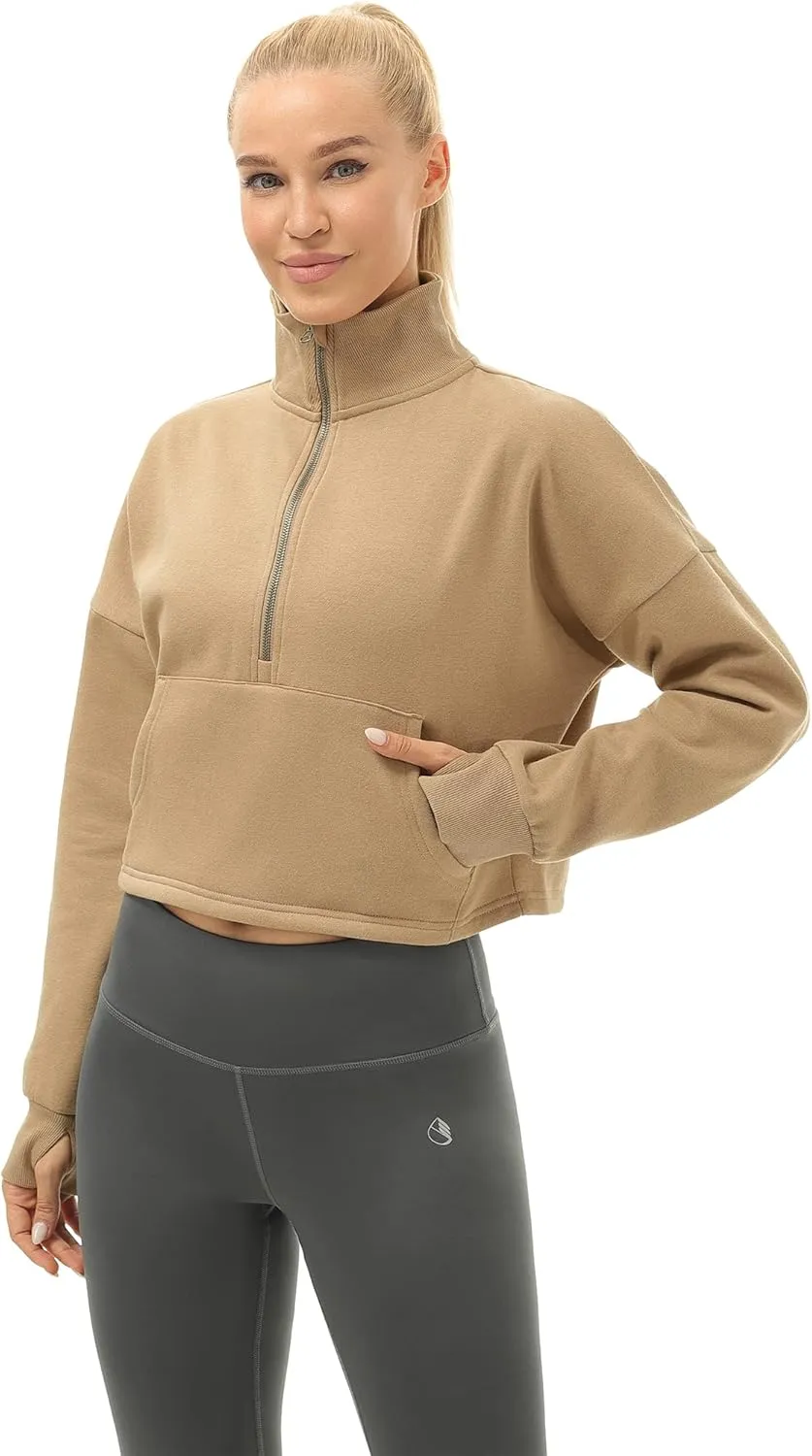 icyzone Fleece Lined Half Zip Pullover for Women with Pockets, Oversized Athletic Cropped Sweatshirt Warm Jacket