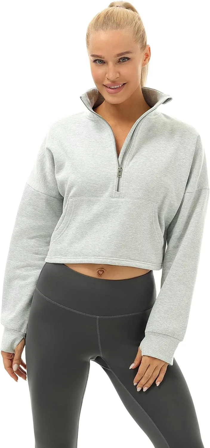 icyzone Fleece Lined Half Zip Pullover for Women with Pockets, Oversized Athletic Cropped Sweatshirt Warm Jacket