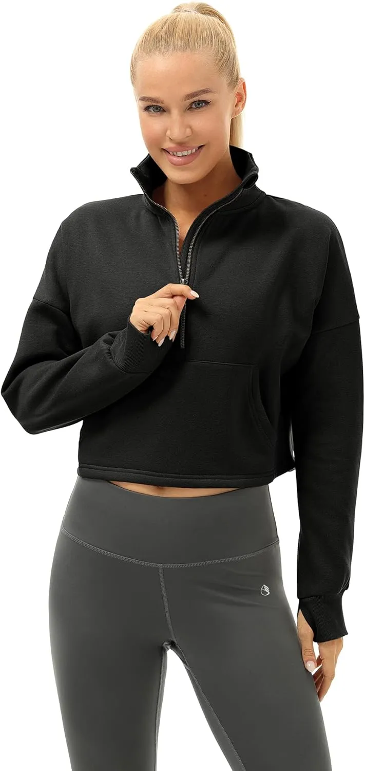 icyzone Fleece Lined Half Zip Pullover for Women with Pockets, Oversized Athletic Cropped Sweatshirt Warm Jacket