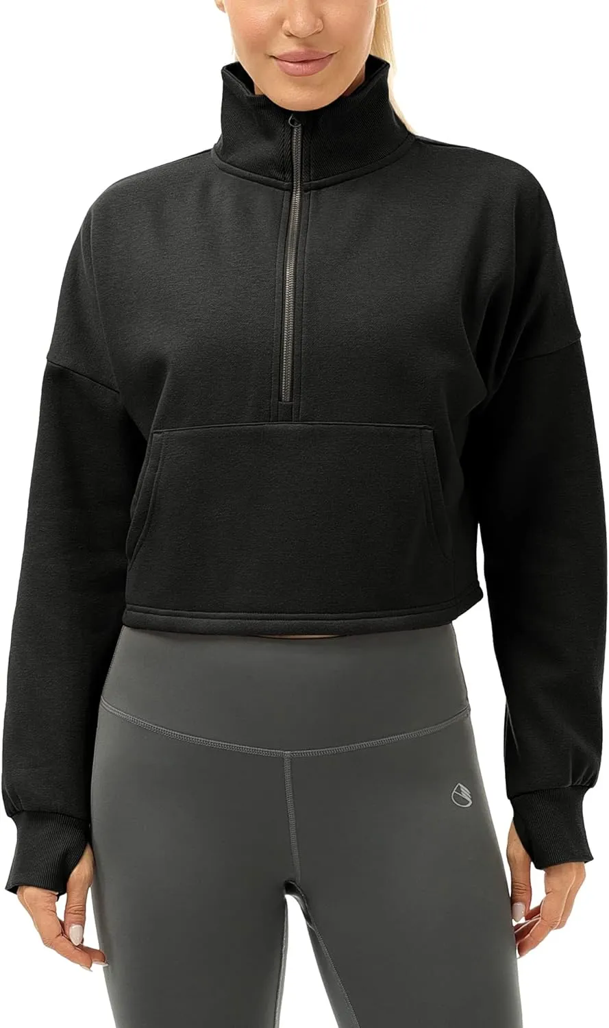icyzone Fleece Lined Half Zip Pullover for Women with Pockets, Oversized Athletic Cropped Sweatshirt Warm Jacket