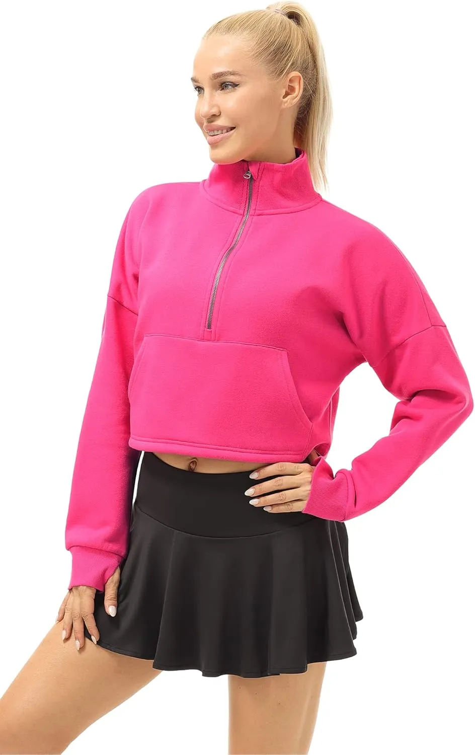 icyzone Fleece Lined Half Zip Pullover for Women with Pockets, Oversized Athletic Cropped Sweatshirt Warm Jacket