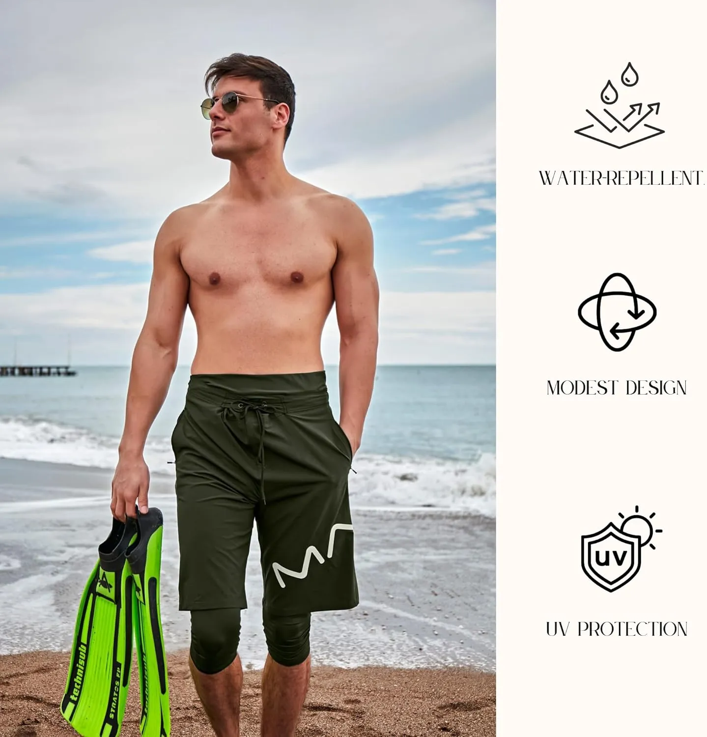 Islamic Men's Long-Fit Swimwear-Shorts | Knee-Length Modest Bathing Suits | Comfortable for Sports, Daily Wear