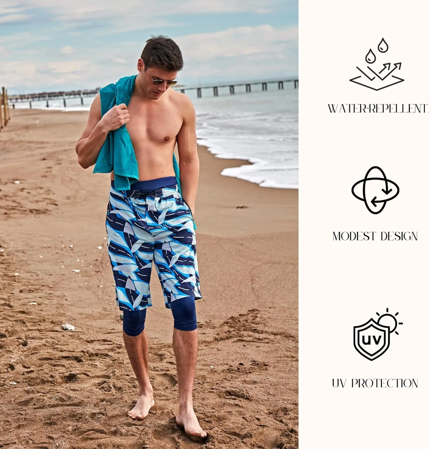 Islamic Men's Long-Fit Swimwear-Shorts | Knee-Length Modest Bathing Suits | Comfortable for Sports, Daily Wear