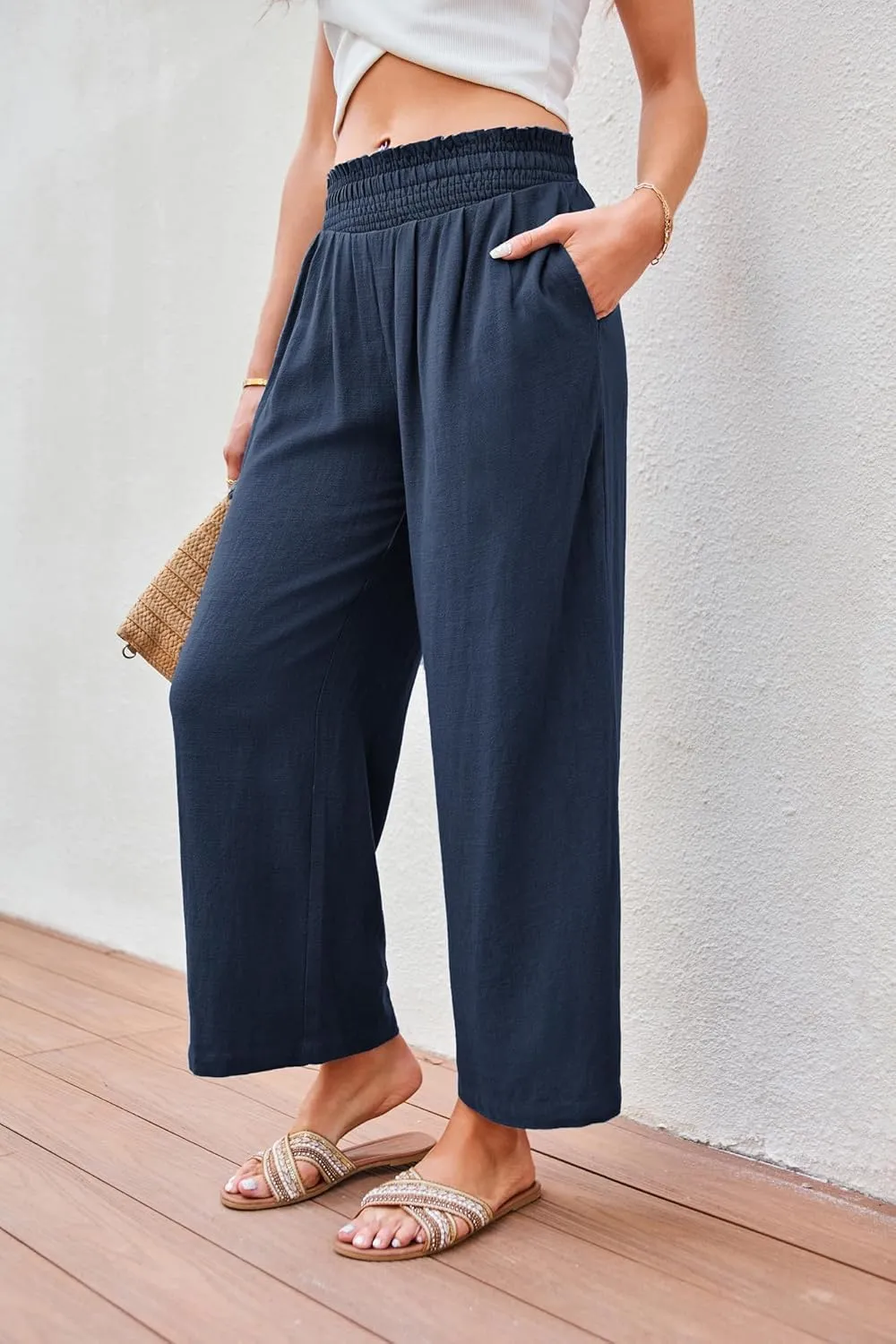 JASAMBAC Women's Capri Linen Wide Leg Pants Summer Boho Wide Leg Pants Smocked High-Rise Waist Casual Beach Pants with Pocket