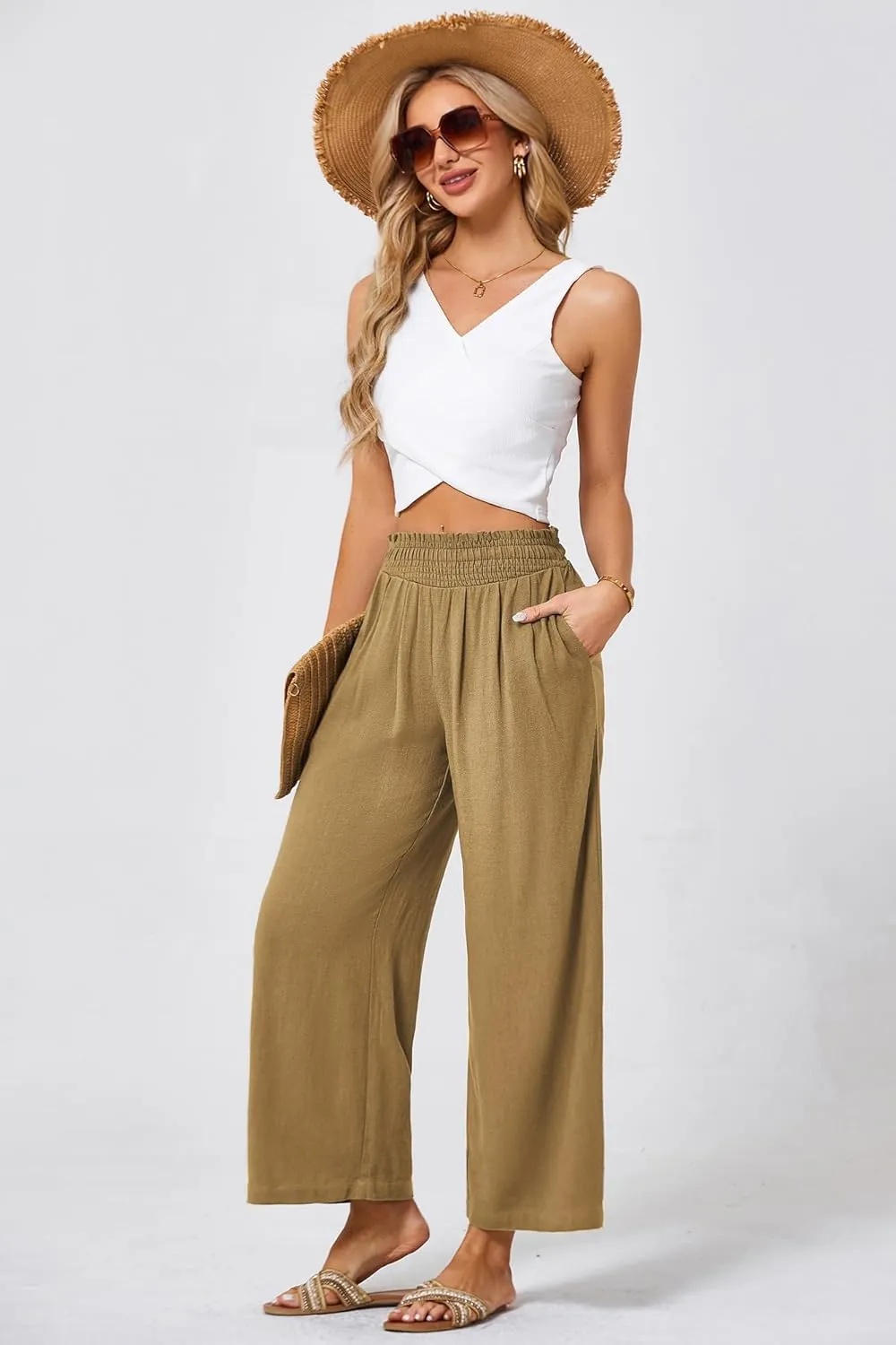 JASAMBAC Women's Capri Linen Wide Leg Pants Summer Boho Wide Leg Pants Smocked High-Rise Waist Casual Beach Pants with Pocket
