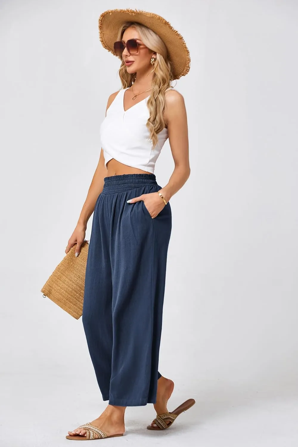 JASAMBAC Women's Capri Linen Wide Leg Pants Summer Boho Wide Leg Pants Smocked High-Rise Waist Casual Beach Pants with Pocket