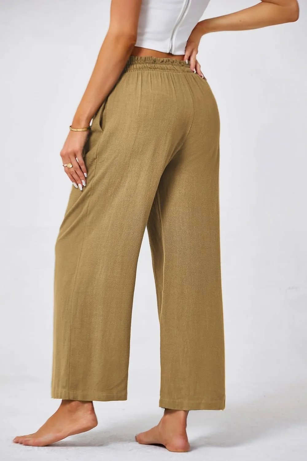 JASAMBAC Women's Capri Linen Wide Leg Pants Summer Boho Wide Leg Pants Smocked High-Rise Waist Casual Beach Pants with Pocket