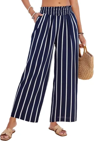 JASAMBAC Women's Capri Linen Wide Leg Pants Summer Boho Wide Leg Pants Smocked High-Rise Waist Casual Beach Pants with Pocket