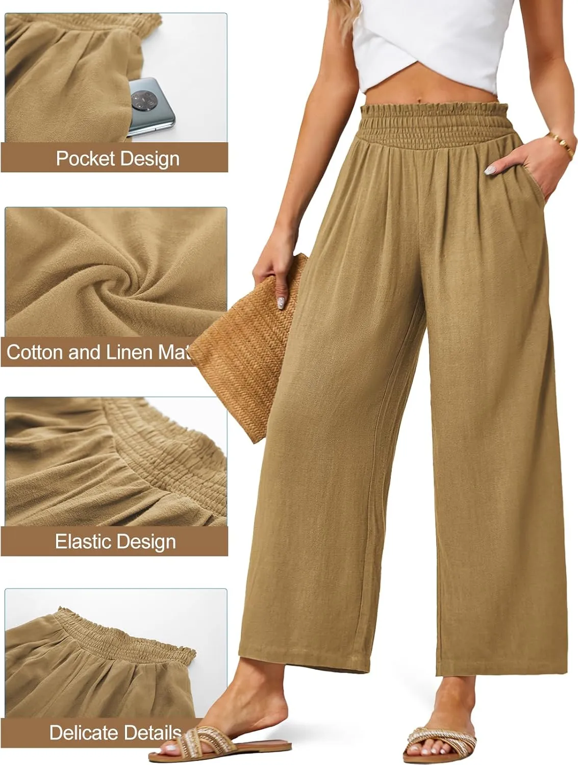 JASAMBAC Women's Capri Linen Wide Leg Pants Summer Boho Wide Leg Pants Smocked High-Rise Waist Casual Beach Pants with Pocket