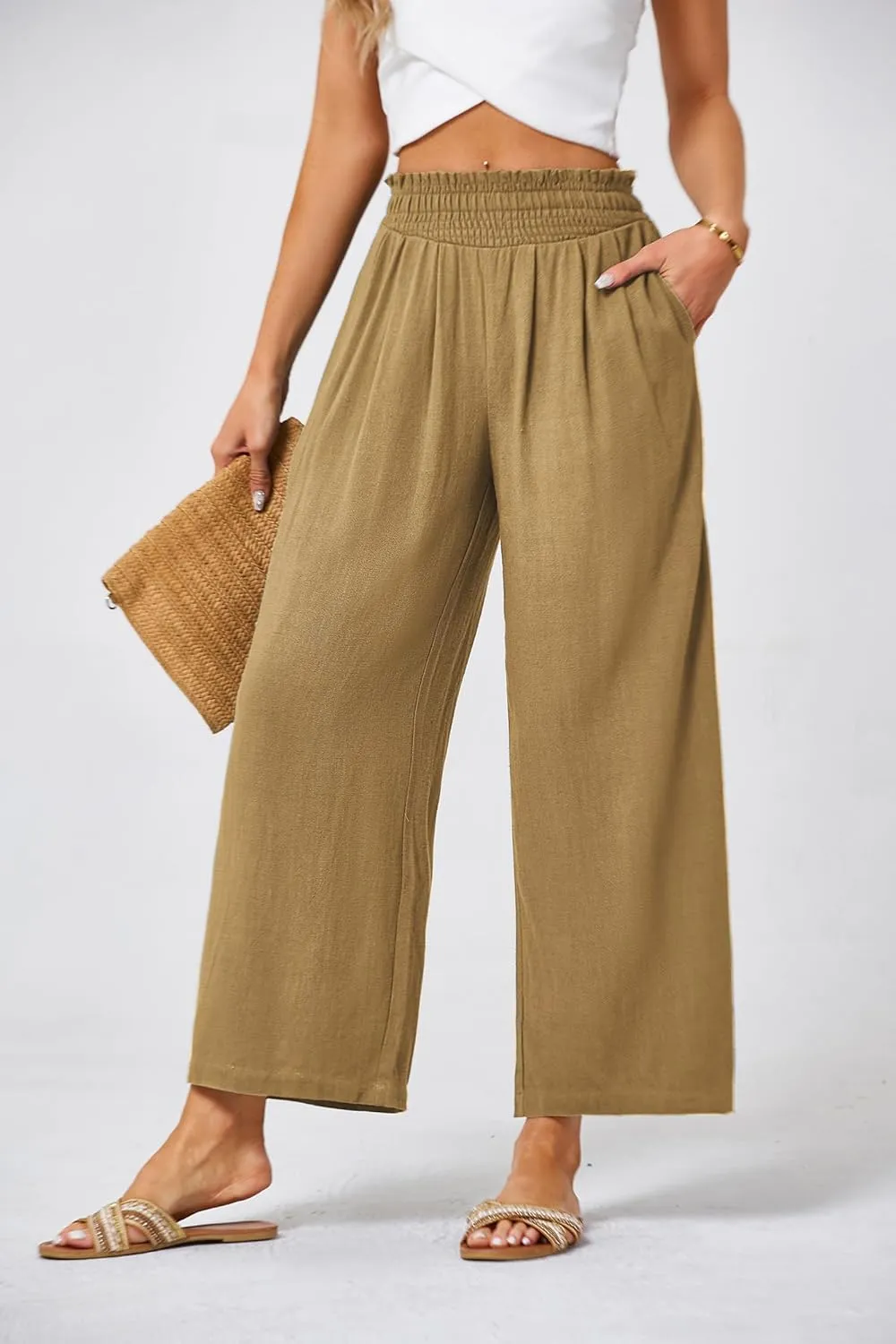 JASAMBAC Women's Capri Linen Wide Leg Pants Summer Boho Wide Leg Pants Smocked High-Rise Waist Casual Beach Pants with Pocket