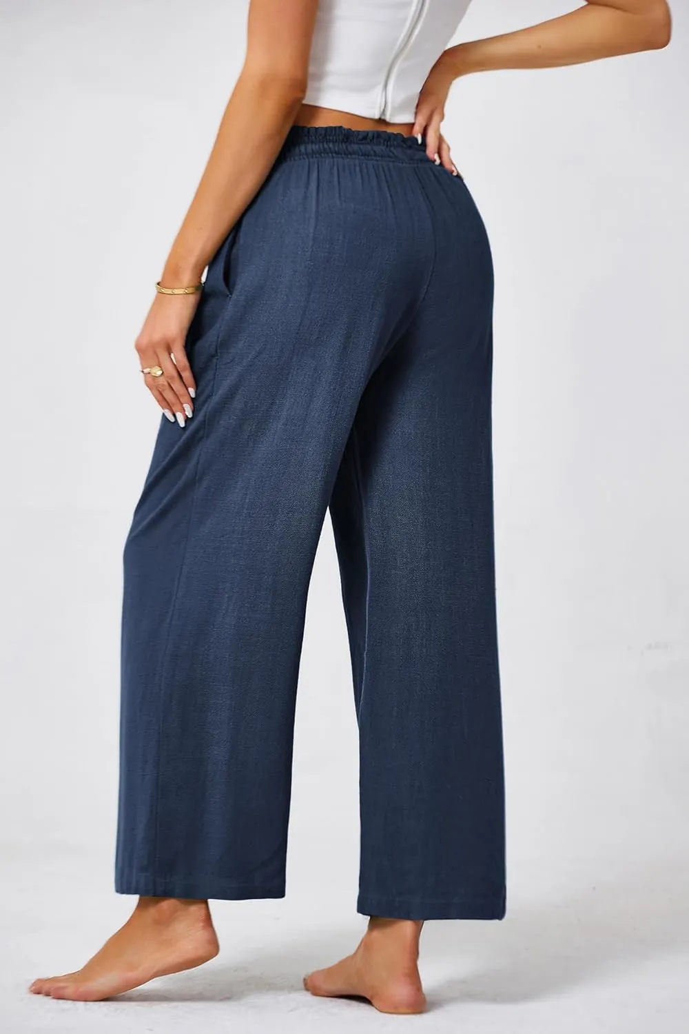 JASAMBAC Women's Capri Linen Wide Leg Pants Summer Boho Wide Leg Pants Smocked High-Rise Waist Casual Beach Pants with Pocket