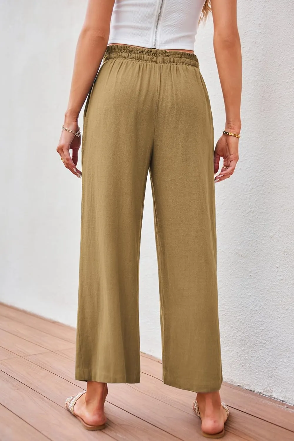 JASAMBAC Women's Capri Linen Wide Leg Pants Summer Boho Wide Leg Pants Smocked High-Rise Waist Casual Beach Pants with Pocket