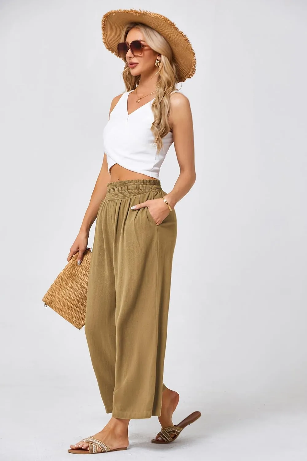 JASAMBAC Women's Capri Linen Wide Leg Pants Summer Boho Wide Leg Pants Smocked High-Rise Waist Casual Beach Pants with Pocket