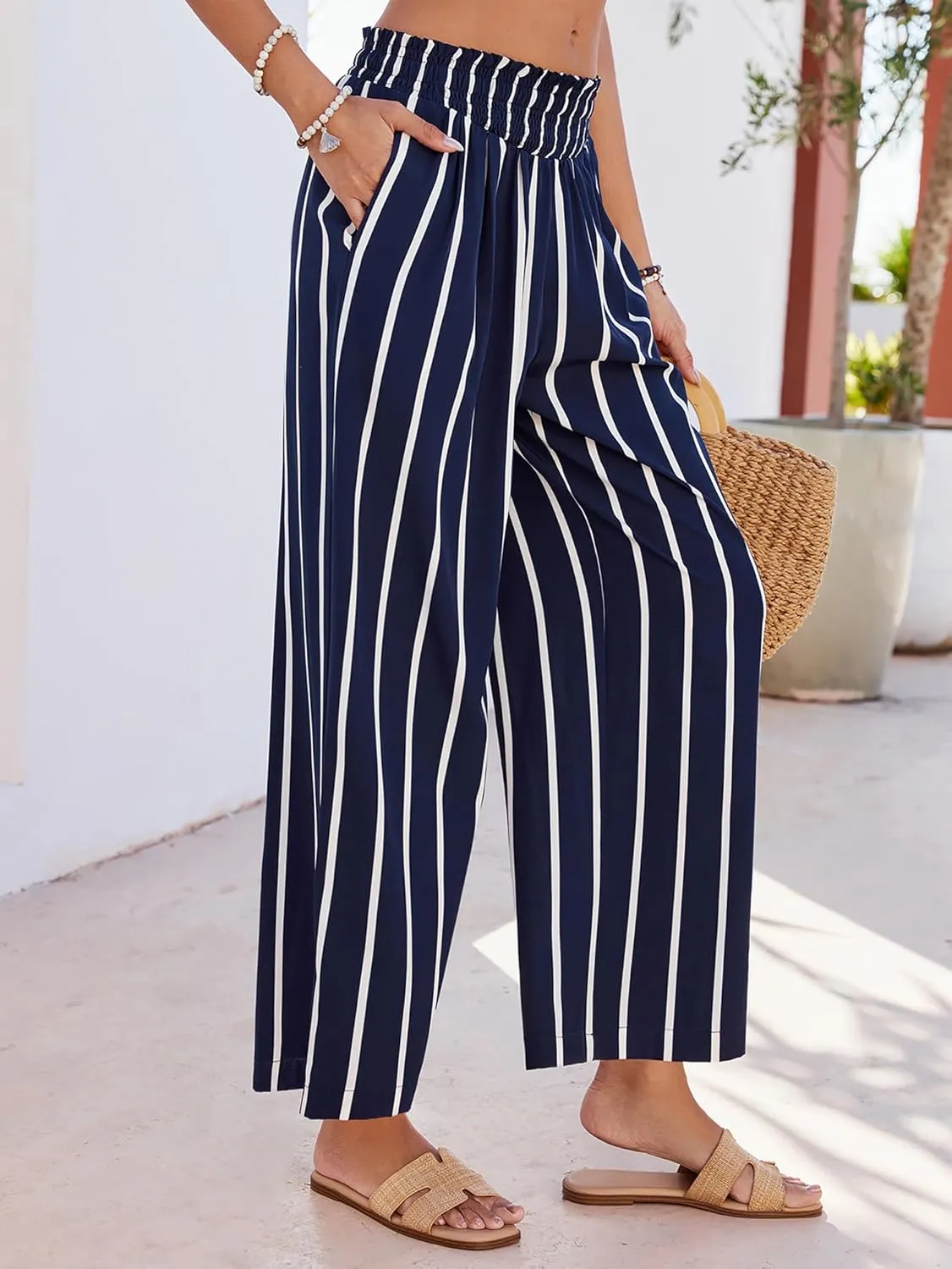 JASAMBAC Women's Capri Linen Wide Leg Pants Summer Boho Wide Leg Pants Smocked High-Rise Waist Casual Beach Pants with Pocket