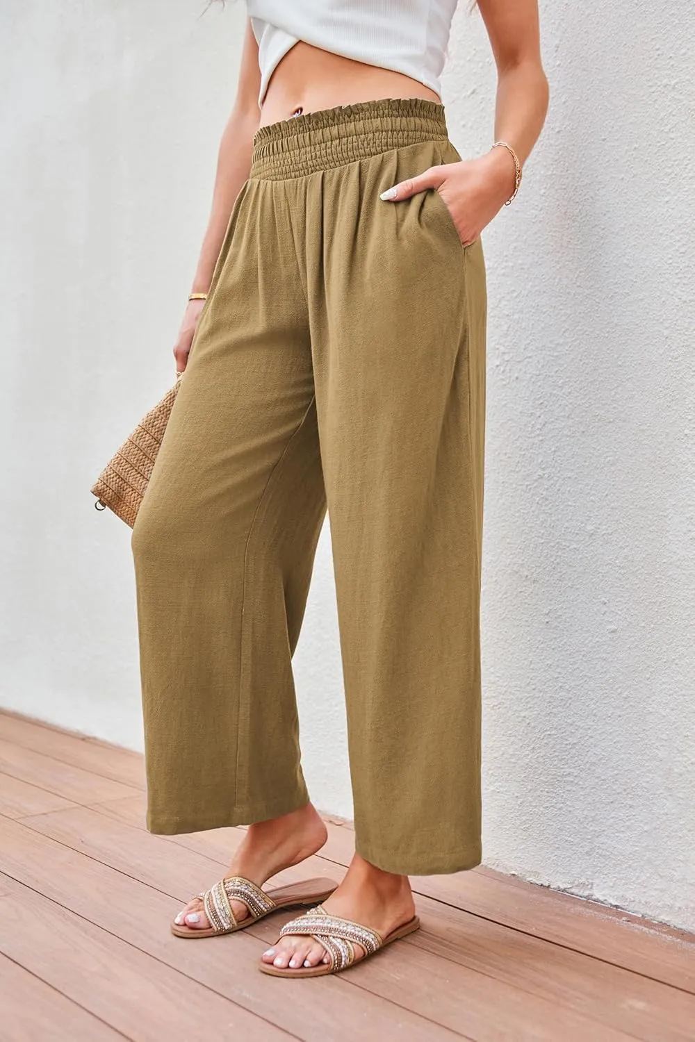 JASAMBAC Women's Capri Linen Wide Leg Pants Summer Boho Wide Leg Pants Smocked High-Rise Waist Casual Beach Pants with Pocket