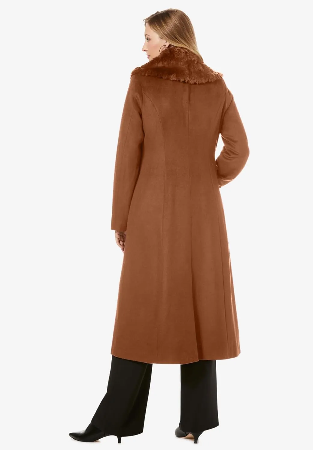 Jessica London Women's Plus Size Long Wool-Blend Coat With Faux Fur Collar