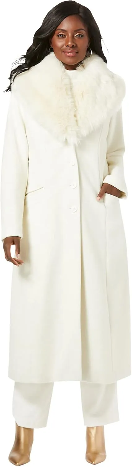 Jessica London Women's Plus Size Long Wool-Blend Coat With Faux Fur Collar