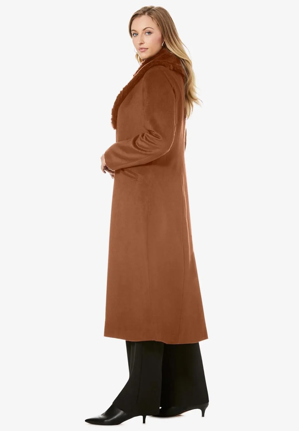 Jessica London Women's Plus Size Long Wool-Blend Coat With Faux Fur Collar