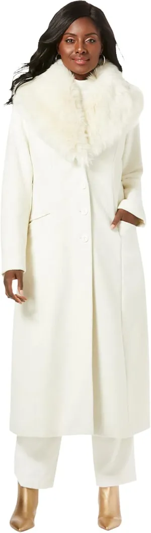 Jessica London Women's Plus Size Long Wool-Blend Coat With Faux Fur Collar