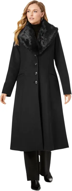 Jessica London Women's Plus Size Long Wool-Blend Coat With Faux Fur Collar