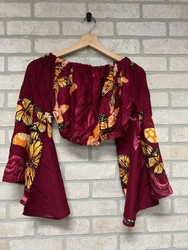 Jr Crop Top - Off Shoulder Butterfly Print Bell Sleeves