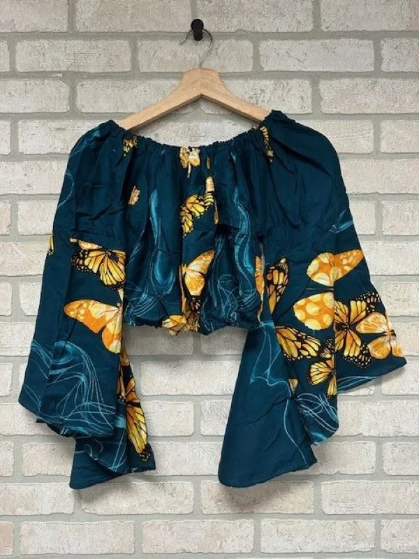 Jr Crop Top - Off Shoulder Butterfly Print Bell Sleeves