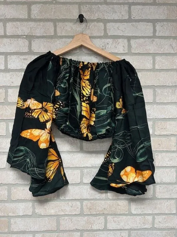 Jr Crop Top - Off Shoulder Butterfly Print Bell Sleeves