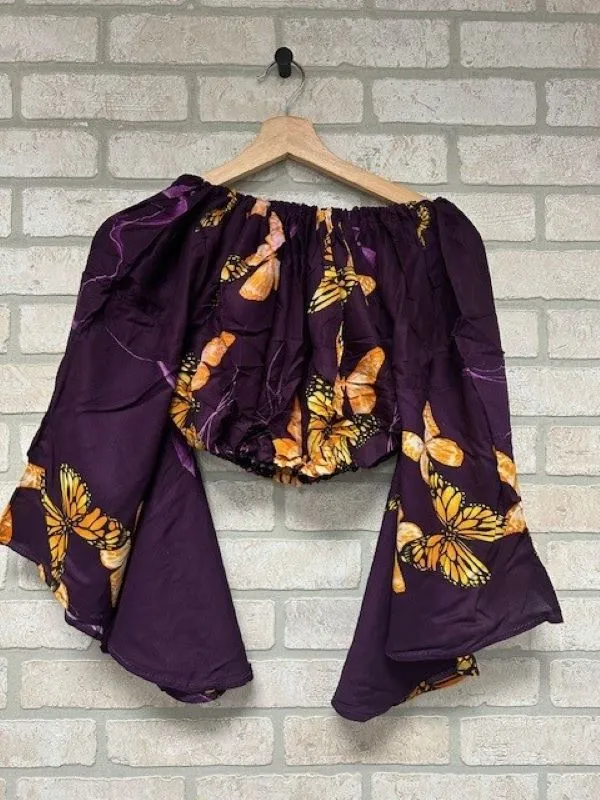 Jr Crop Top - Off Shoulder Butterfly Print Bell Sleeves
