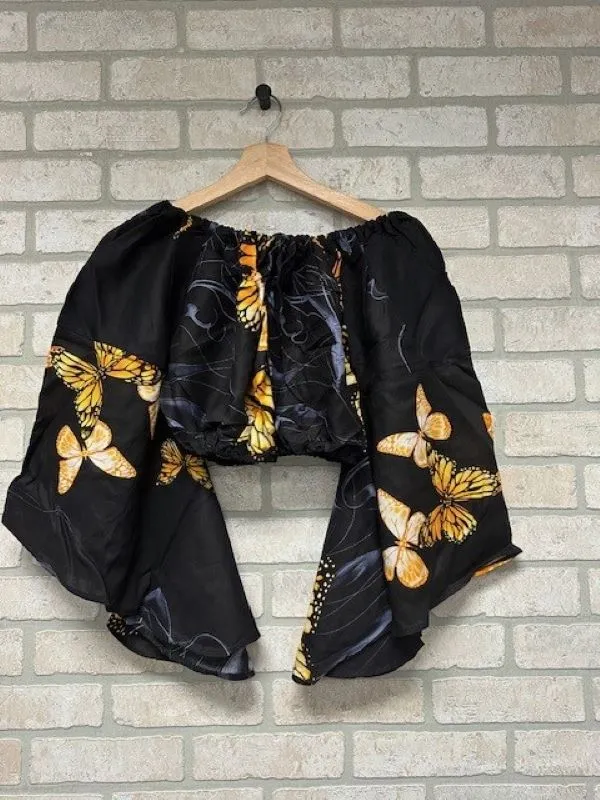 Jr Crop Top - Off Shoulder Butterfly Print Bell Sleeves