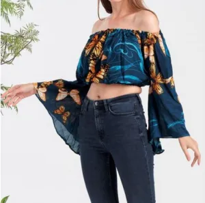 Jr Crop Top - Off Shoulder Butterfly Print Bell Sleeves