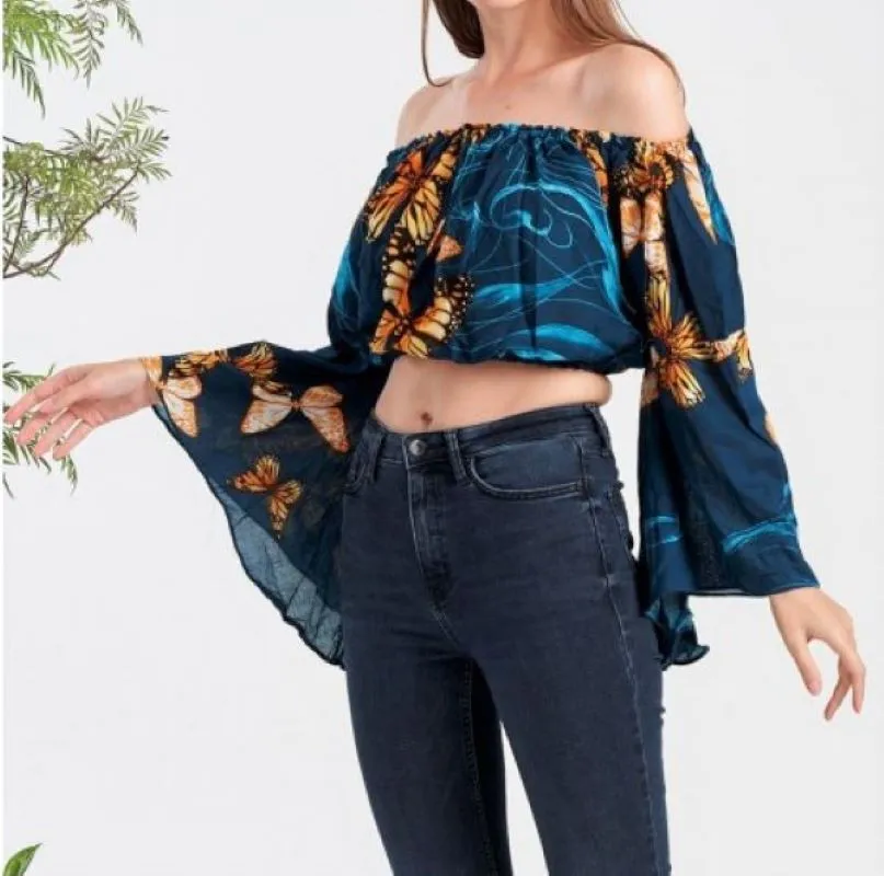 Jr Crop Top - Off Shoulder Butterfly Print Bell Sleeves