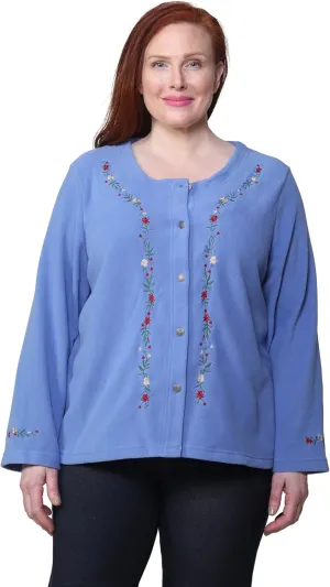 LA CERA Women's Embroidered Fleece Jacket - Soft Polyester, Full Button Front, Floral Embroidery, Comfortable Design