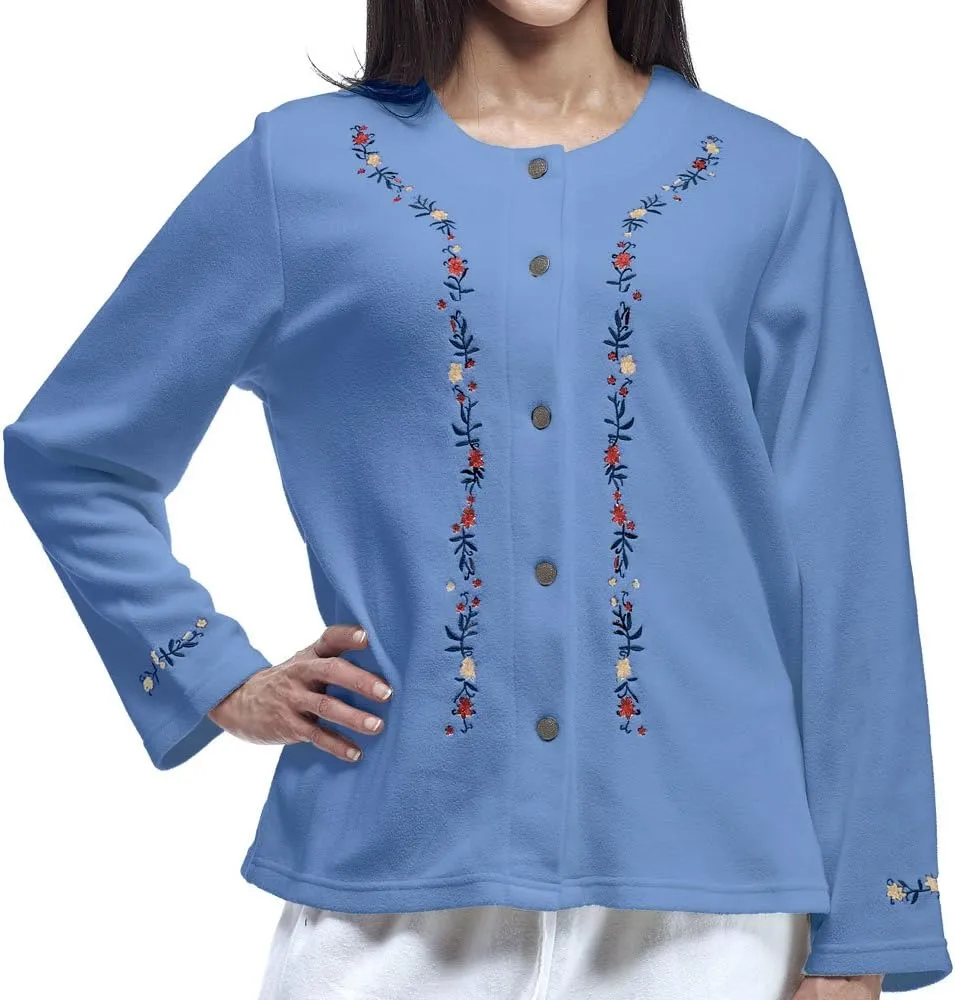 LA CERA Women's Embroidered Fleece Jacket - Soft Polyester, Full Button Front, Floral Embroidery, Comfortable Design