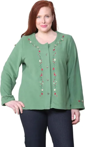 LA CERA Women's Embroidered Fleece Jacket - Soft Polyester, Full Button Front, Floral Embroidery, Comfortable Design