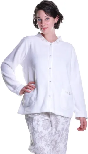 LA CERA Women's Embroidered Snap Front Fleece Bed Jacket