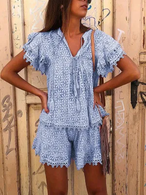 Lace Print V-Neck Suit
