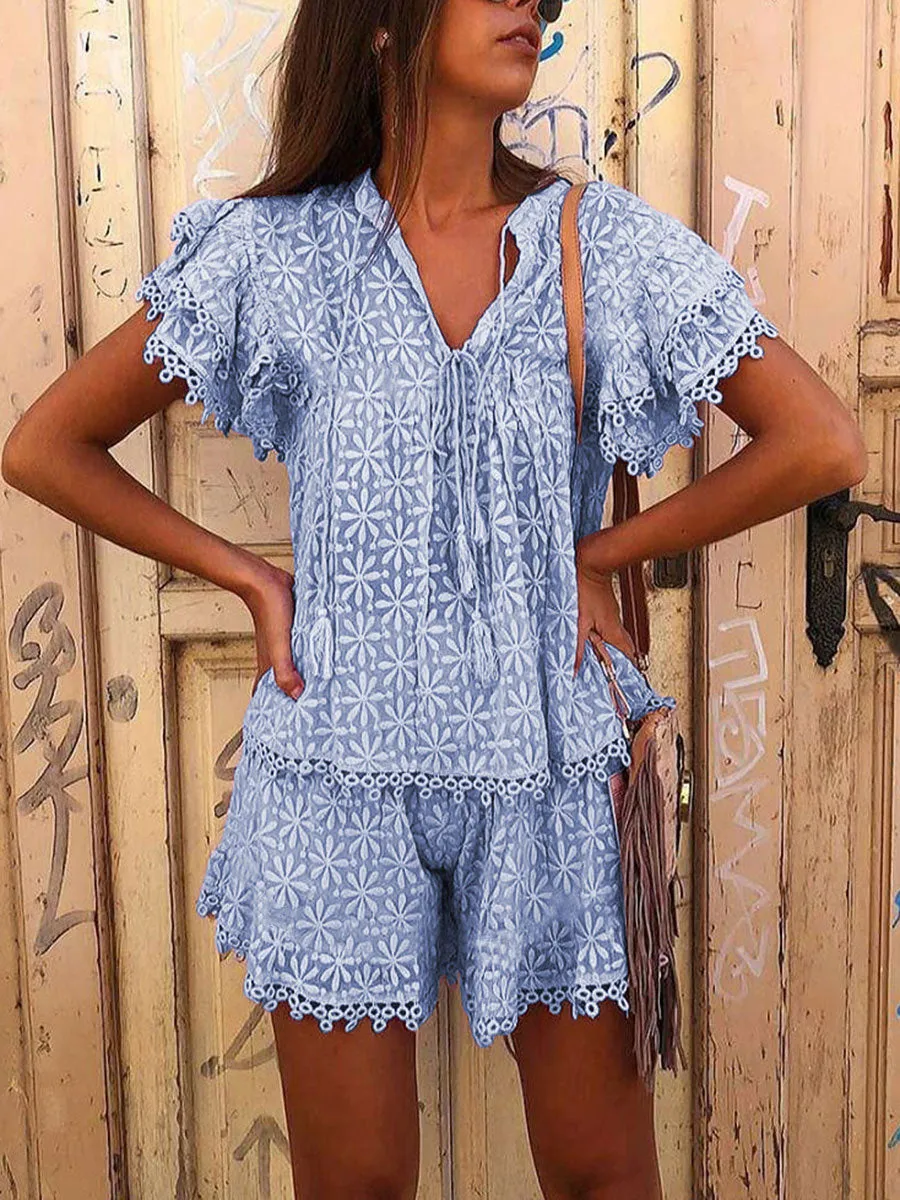 Lace Print V-Neck Suit