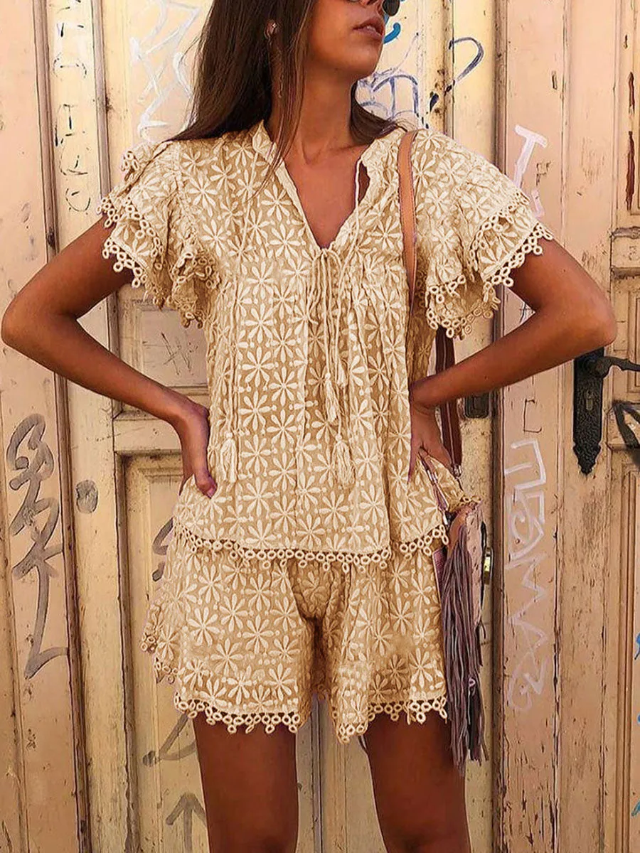 Lace Print V-Neck Suit