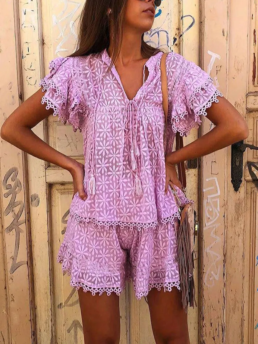 Lace Print V-Neck Suit