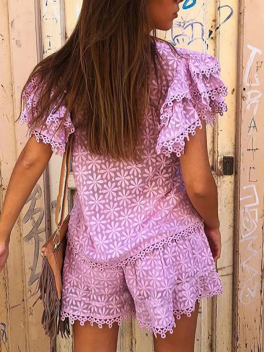 Lace Print V-Neck Suit