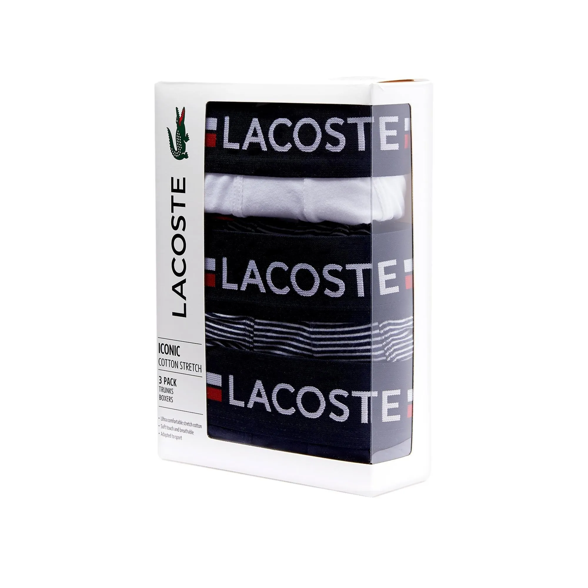 Lacoste Iconic Cotton Stretch Trunks 3 Pack - Navy Blue/Stripe/White
