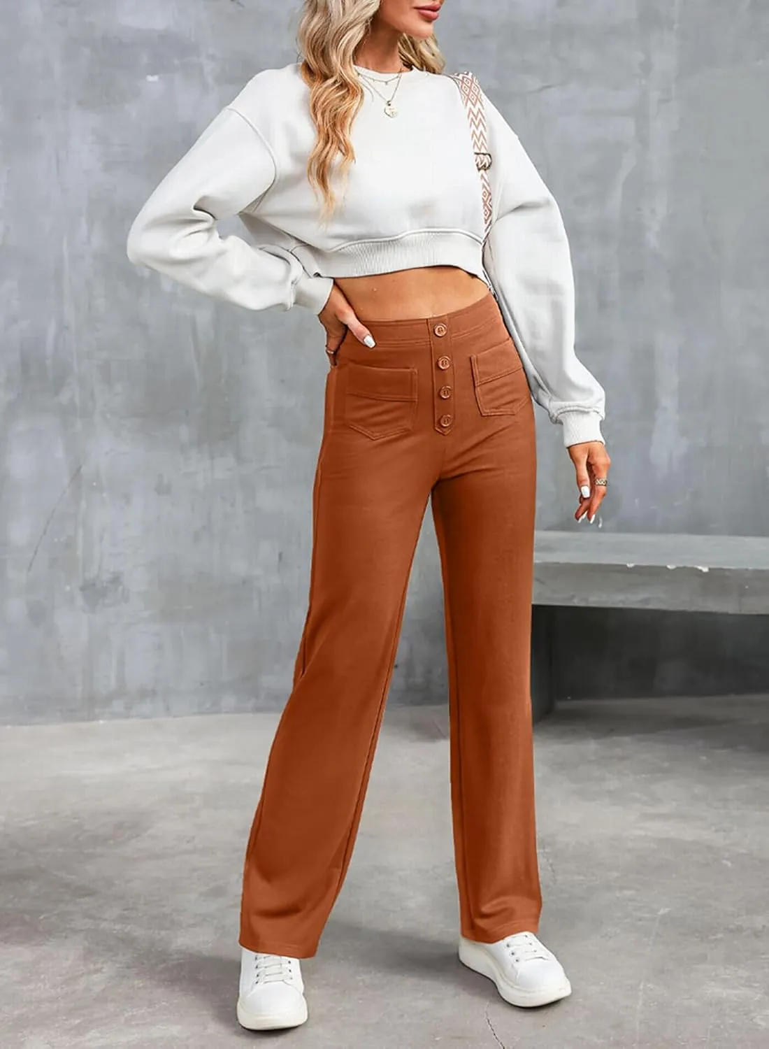 LAFOURAM Women's Straight Leg Pants High Waisted Business Casual Work Trousers with Pockets