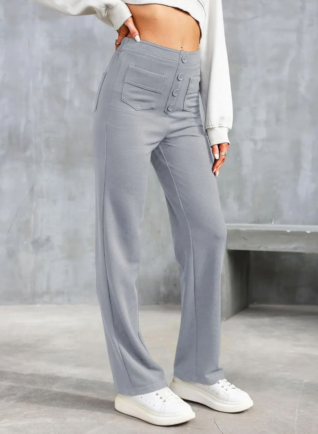LAFOURAM Women's Straight Leg Pants High Waisted Business Casual Work Trousers with Pockets
