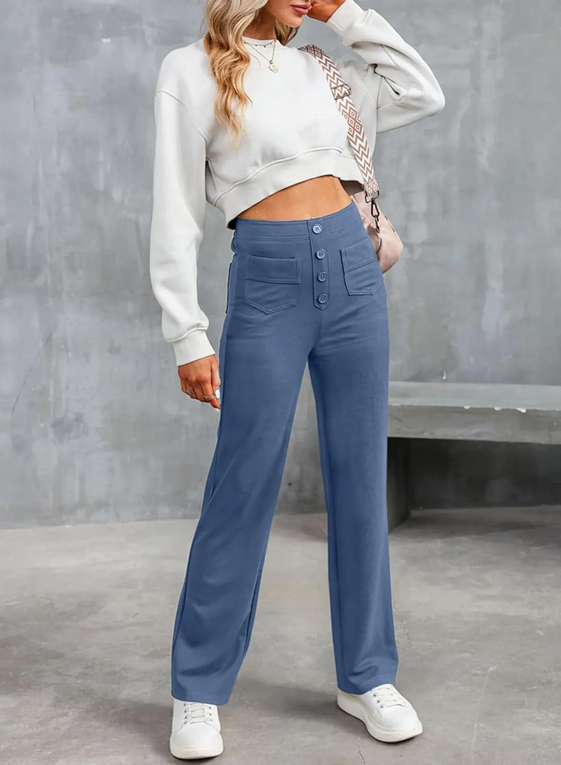 LAFOURAM Women's Straight Leg Pants High Waisted Business Casual Work Trousers with Pockets
