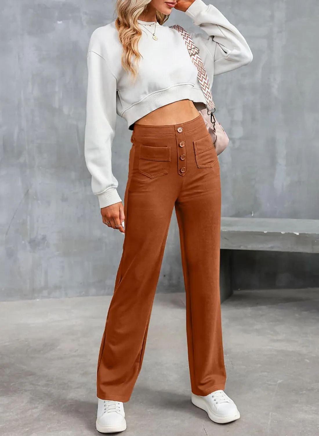 LAFOURAM Women's Straight Leg Pants High Waisted Business Casual Work Trousers with Pockets