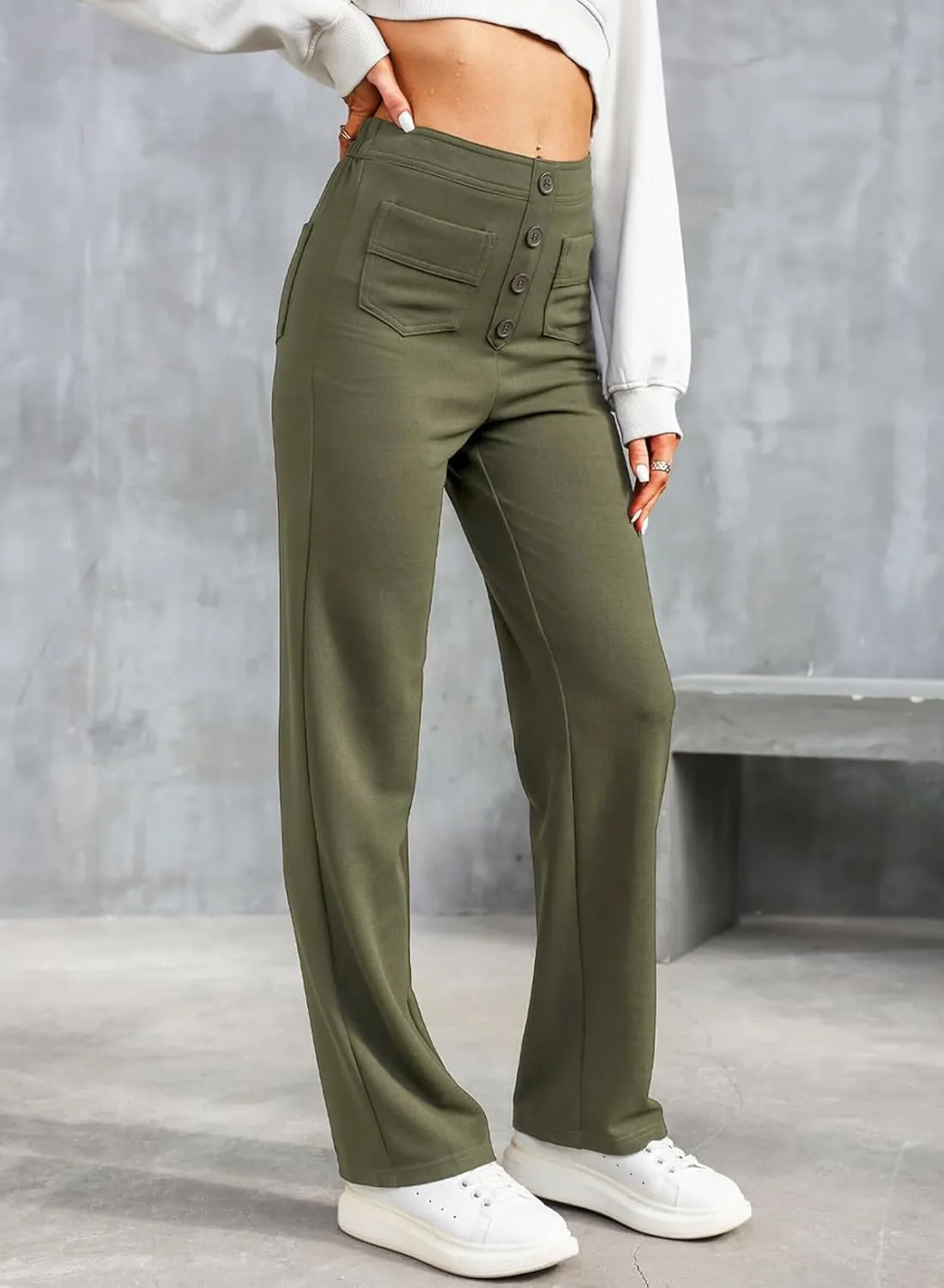 LAFOURAM Women's Straight Leg Pants High Waisted Business Casual Work Trousers with Pockets