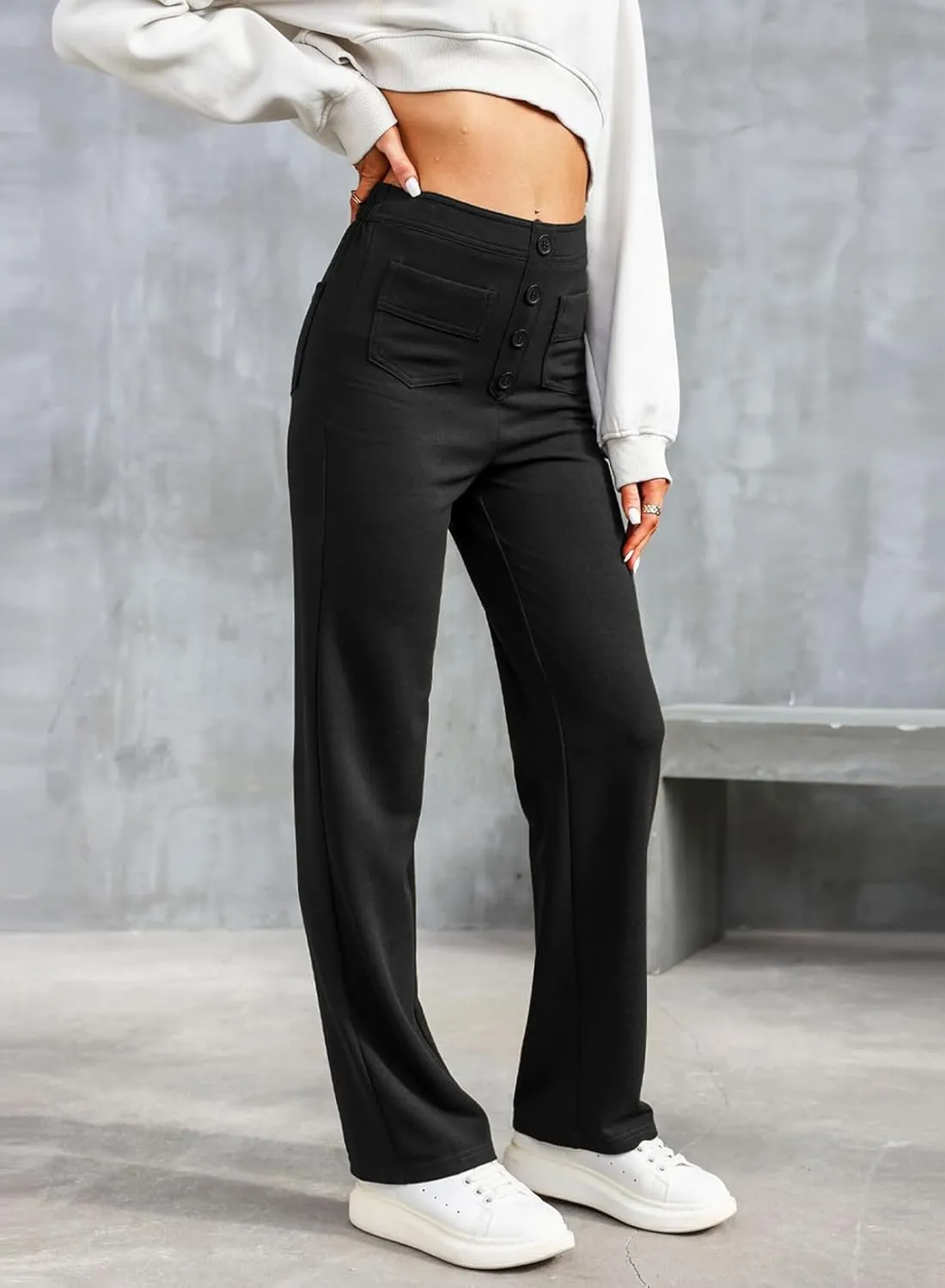 LAFOURAM Women's Straight Leg Pants High Waisted Business Casual Work Trousers with Pockets