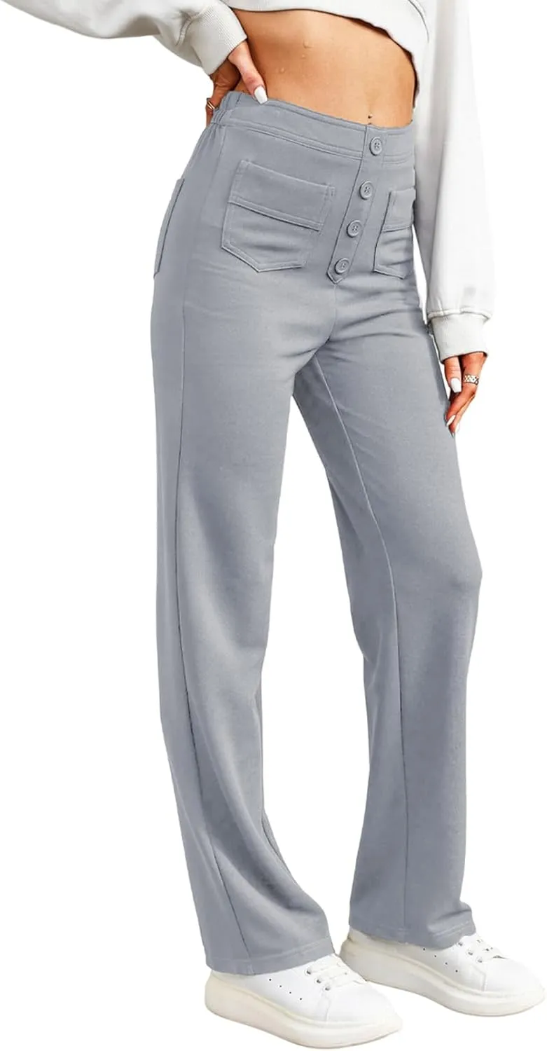 LAFOURAM Women's Straight Leg Pants High Waisted Business Casual Work Trousers with Pockets