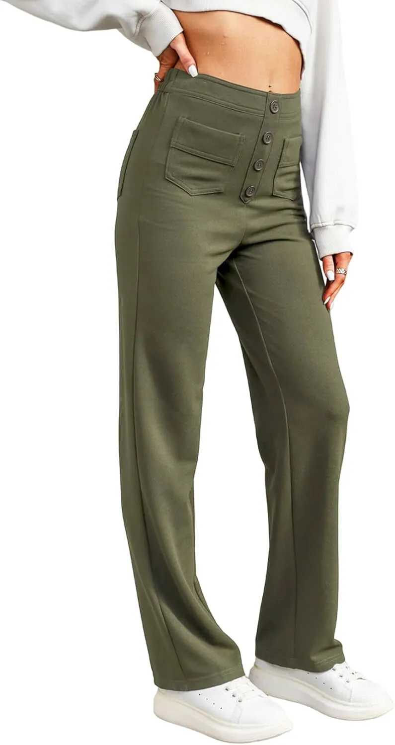 LAFOURAM Women's Straight Leg Pants High Waisted Business Casual Work Trousers with Pockets